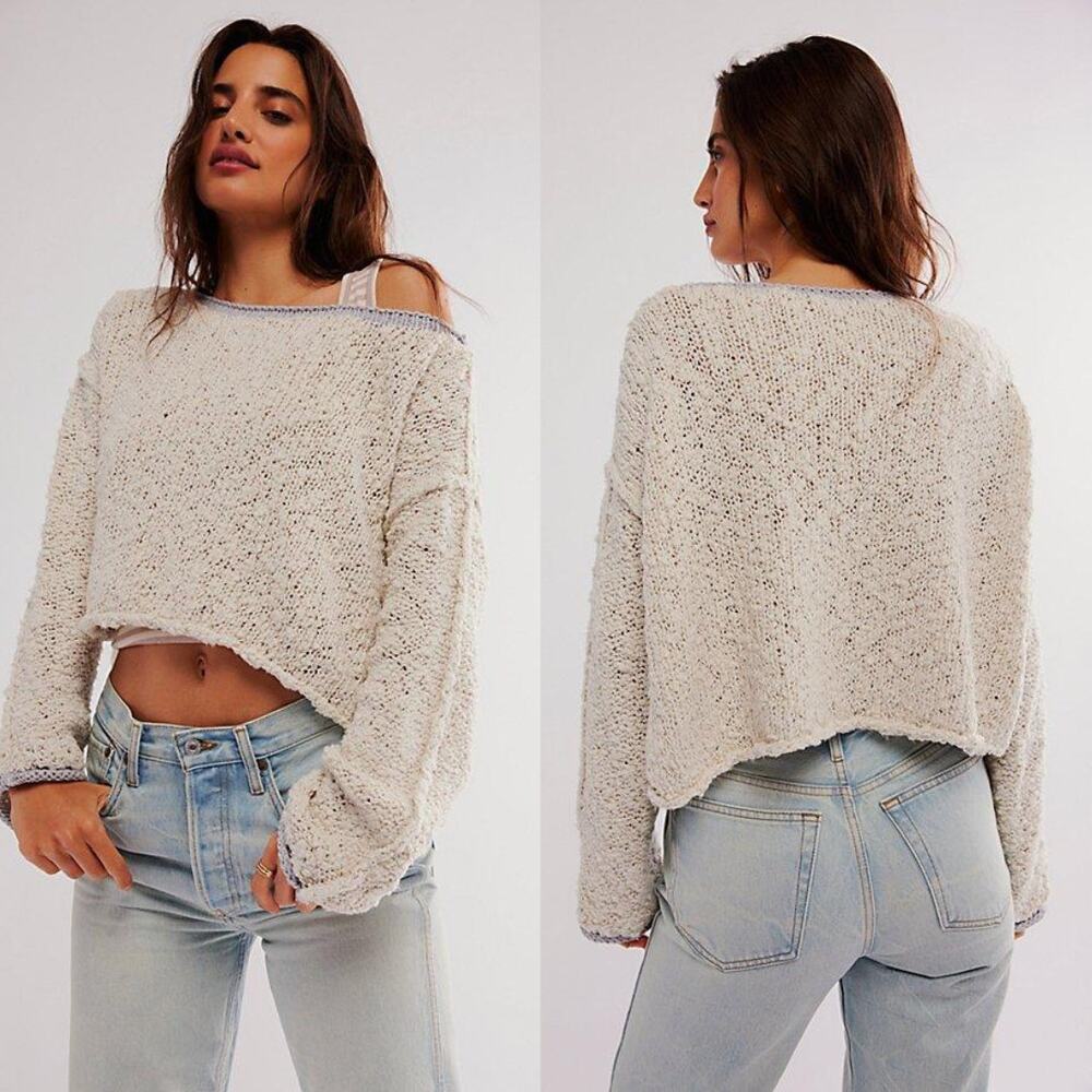 NEW Free People Rosie Sweater Chunky Knit Natural Cream & Grey Boho XS Slouchy